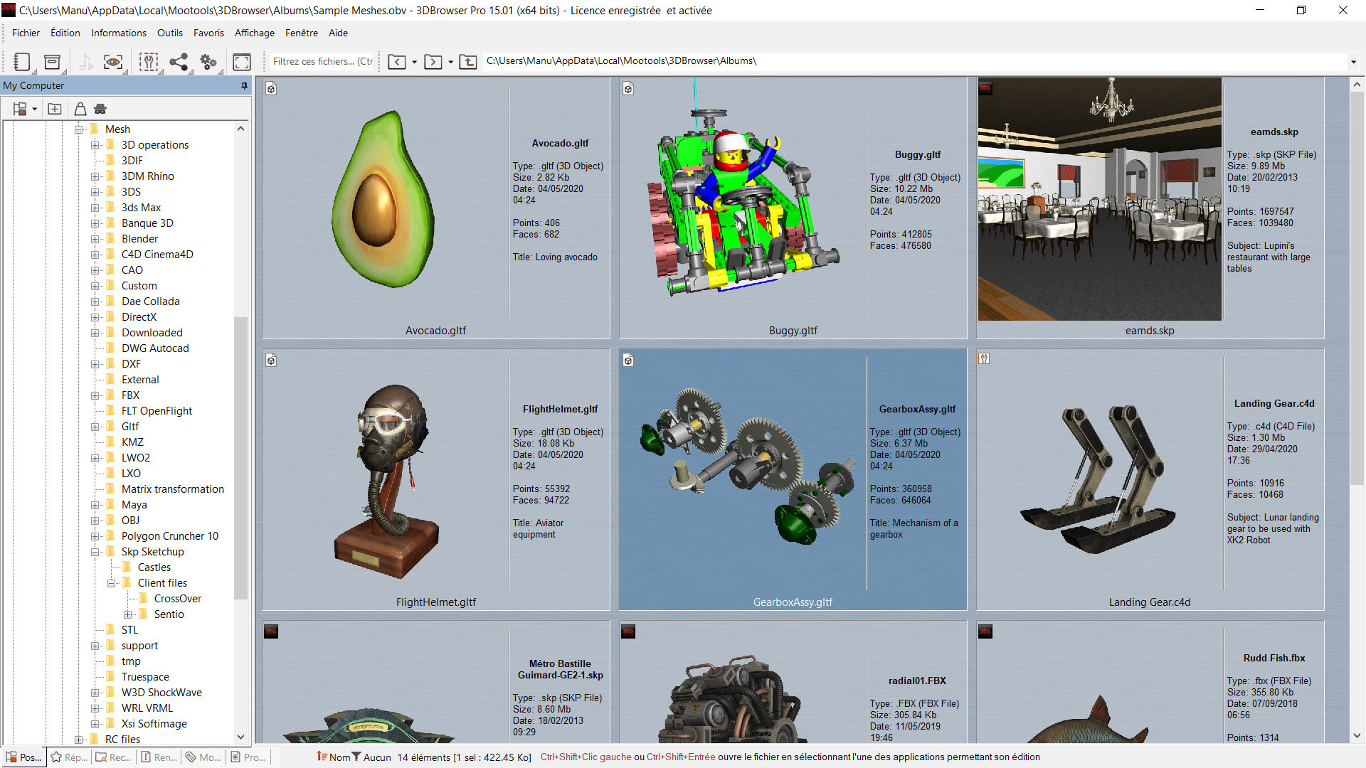 3DBrowser génère des vignettes 3D à partir de vos assets 3D. Le mode d'affichage personnalisé permet de sélectionner les informations que vous souhaitez faire apparaitre