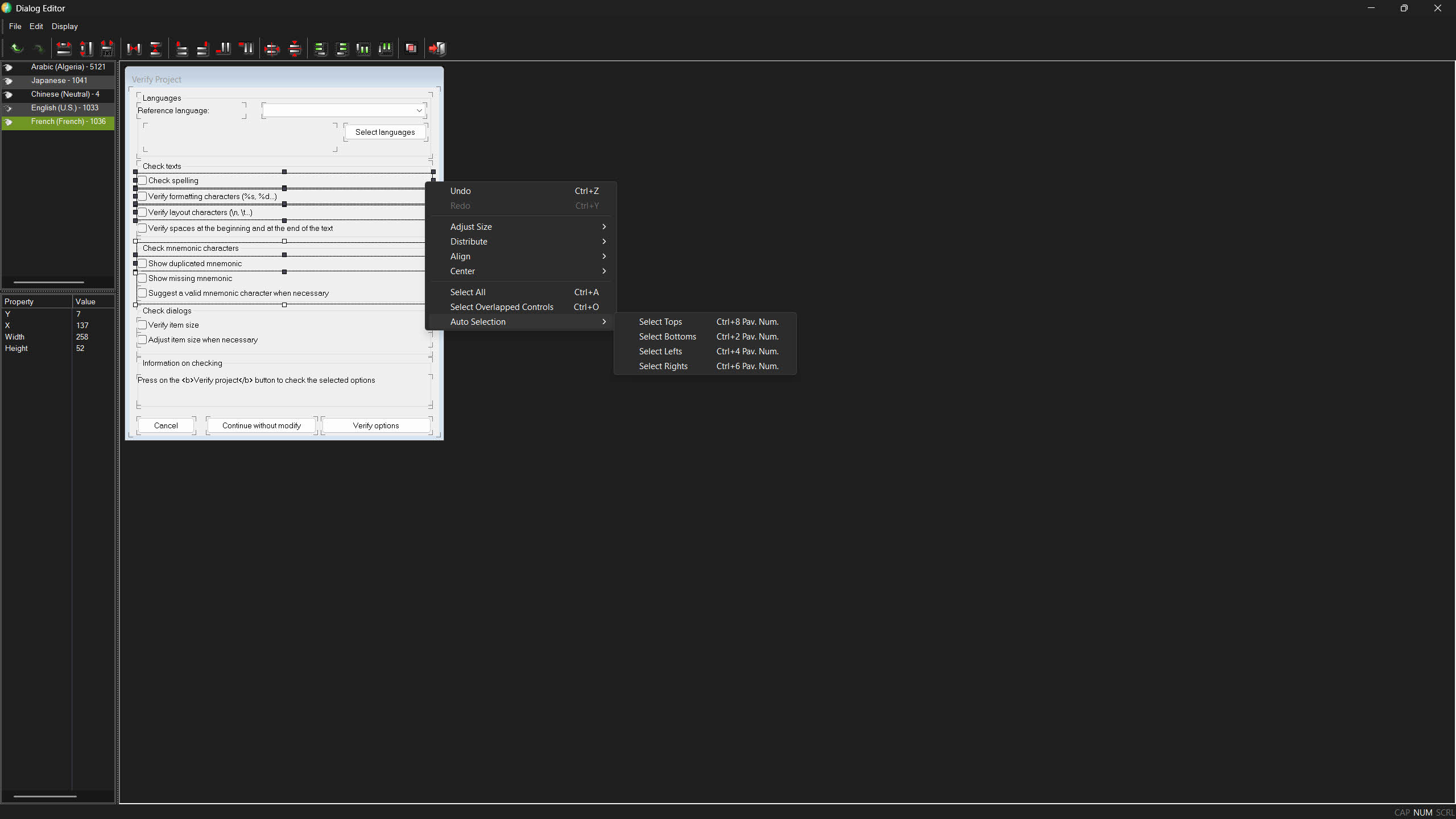 Translated dialogs are copied from the source language template, but the dialog editor can be used to rearrange controls as required by the translation.