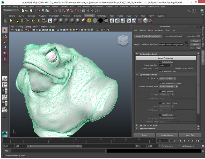 Froggy monster optimized up to 98% Polygon Cruncher for Maya allows to reduce the number of your points and polygons in real time in the Maya viewers