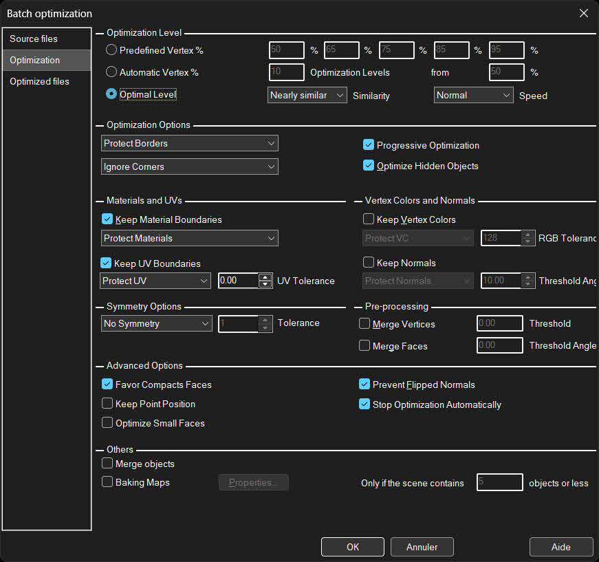 Batch optimization dialog for simplifying one or several 3d scenes Polygon Cruncher batch optimization dialog